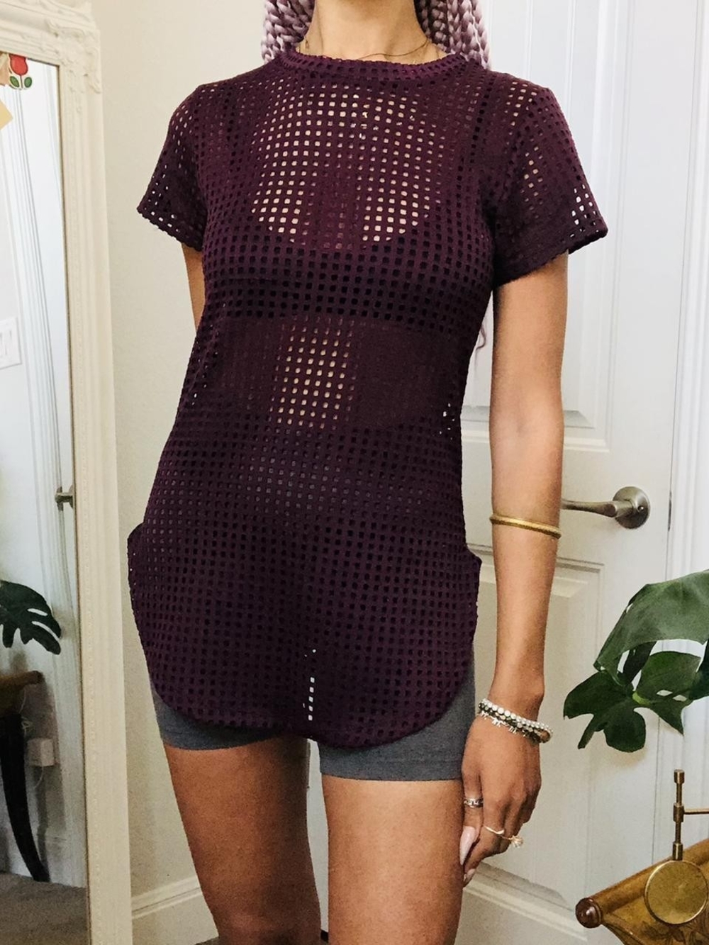 Women's Short Sleeve Open-Knit Long Line Tunic Top Curved Hem - Deep Plum Small